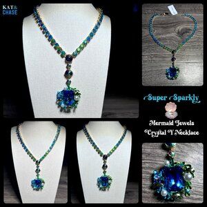 Betsey Johnson Mermaid Jewels Blue Crystal Rhinestone Sealife Y Drop Necklace